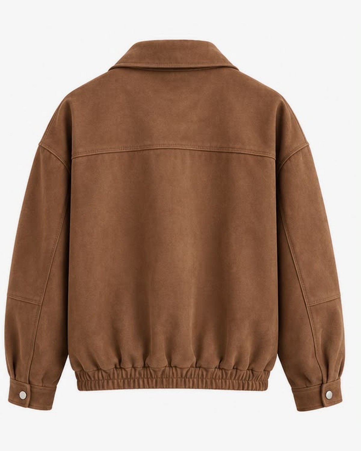 The jacket from the back: clean yoke seam, dropped shoulder, elasticated hem.